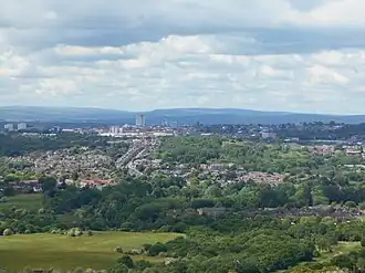 View of Oldham from Hartshead Pike, 2.5 miles (4.0 km) away.