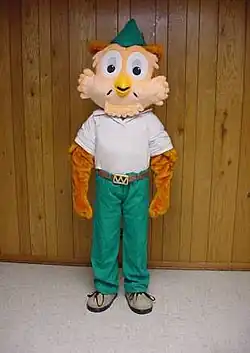 Person wearing large owl mascot costume