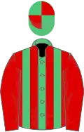 Emerald green and red stripes, red sleeves, quartered cap