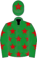 Dark green, red stars, dark green sleeves, red stars, dark green cap, red star