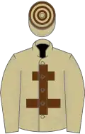 Beige, brown cross of lorraine, hooped cap