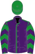 Purple, green seams, chevrons on sleeves, green cap