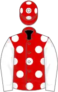 Red, white spots, white sleeves, red cap, white spots