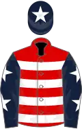 Red, white hoops, dark blue sleeves, white stars, dark blue cap, white star