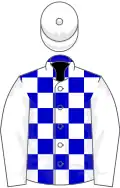 Blue and white checked, white sleeves and cap
