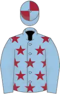 Light blue, maroon stars, light blue sleeves, quartered cap