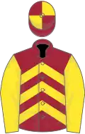 Maroon and yellow chevrons, yellow sleeves, quartered cap