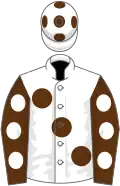 White, large brown spots, brown sleeves, white spots, white cap, brown spots