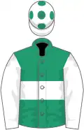 Emerald green, white hoop and sleeves, white cap, emerald green spots