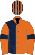 Orange and dark blue (halved), orange sleeves, blue armlets, striped cap
