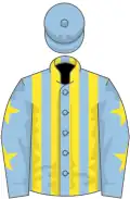 Light blue and yellow stripes, light blue sleeves, yellow stars, light blue cap