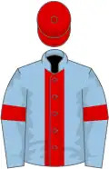 Light blue, red stripe, armlets and cap