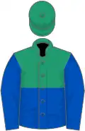 Emerald Green and Royal Blue (halved horizontally), Blue sleeves, Emerald Green cap