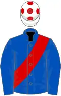 Royal blue, red sash, white cap, red spots