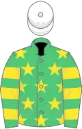 Emerald green, yellow stars, hooped sleeves, white cap