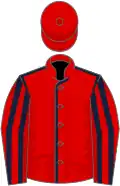 Red, dark blue seams, striped sleeves, red cap
