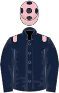 Dark blue, pink epaulettes, pink cap, dark blue spots
