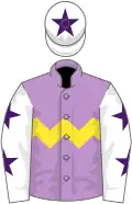 Mauve, yellow chevron hoop, white sleeves, purple stars, white cap, purple star