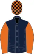 Dark blue, orange sleeves, black and orange check cap