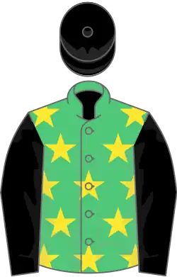 Emerald green, yellow stars, black sleeves and cap