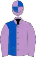Mauve and royal blue (halved), mauve sleeves, quartered cap