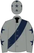 Grey, dark blue sash, dark blue stars on sleeves, grey cap, dark blue stars