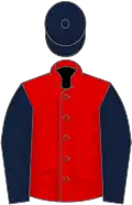Red, dark blue sleeves and cap