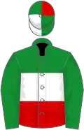 Green, white and red horizontal thirds, green, white and red quartered cap