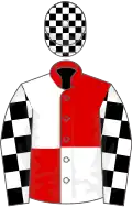 Red and white (quartered), black and white check sleeves and cap