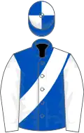 Royal blue, white sash and sleeves, quartered cap