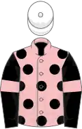 Pink, black spots, black sleeves, pink armlets, white cap