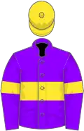 Violet, yellow hoop on body and sleeves, yellow cap