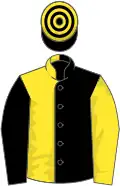Black and yellow (halved), sleeves reversed, hooped cap