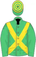 Green, yellow cross-belts, hooped cap