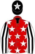 Red, white stars, white and black striped sleeves, black cap, white star