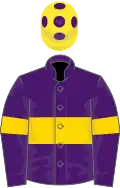 Purple, gold hoop on body and sleeves, yellow cap, purple spots