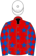 Red, royal blue stars, royal blue sleeves, red diamonds, white cap