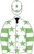 White, light green stars, hooped sleeves and stars on cap