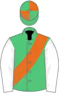 Emerald green, orange sash, white sleeves, emerald green and orange quartered cap