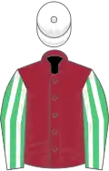 Maroon, emerald green and white striped sleeves, white cap