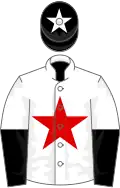 White, red star, white and black halved sleeves, black cap, white star