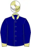 Navy blue, primrose collar and cuffs, primrose and white quartered cap