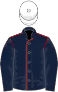 Dark blue, red seams on body, white cap