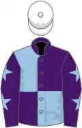 Purple and light blue (quartered), purple sleeves, light blue stars, white cap