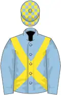 Light blue, yellow cross belts, check cap