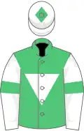 Emerald green, white inverted triangle, white sleeves, emerald green armlets and diamond on white cap