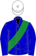 Blue, green sash, white cap