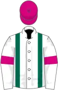 White, dark green braces, white sleeves, cerise armlets, cerise cap