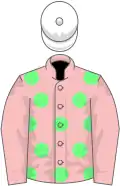 Pink, light green spots, pink sleeves, white cap