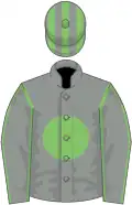 Grey, light green disc, light green seams on sleeves, striped cap